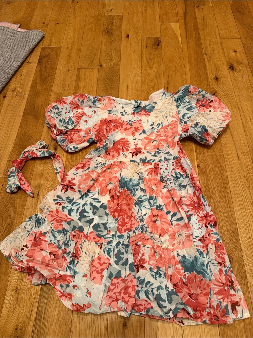 Janie and Jack Coral & Teal Floral Puff-Sleeve Dress with Headband